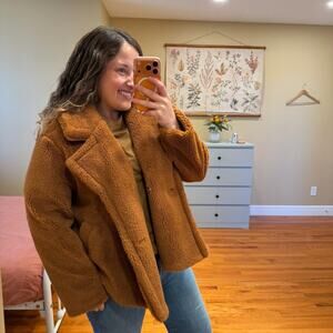 GAP Camel Brown Faux Fur Double Breasted Coat Jacket Large Warm